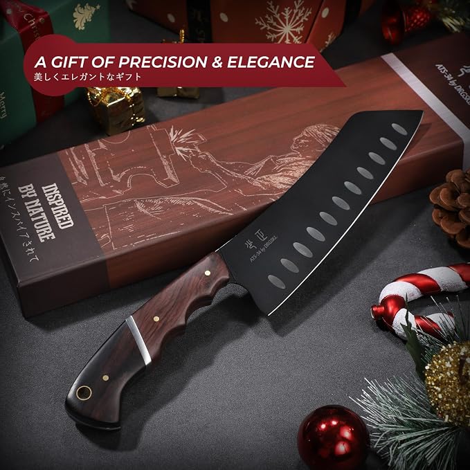 DRGSKL Santoku Knife 7 Inch - Japanese Chef Knife for Fish, Bunka Knife | Japanese ATS-34 Steel, Full Tang, Ergonomic Walnut Handle, Precision Cutting, Gift Box
