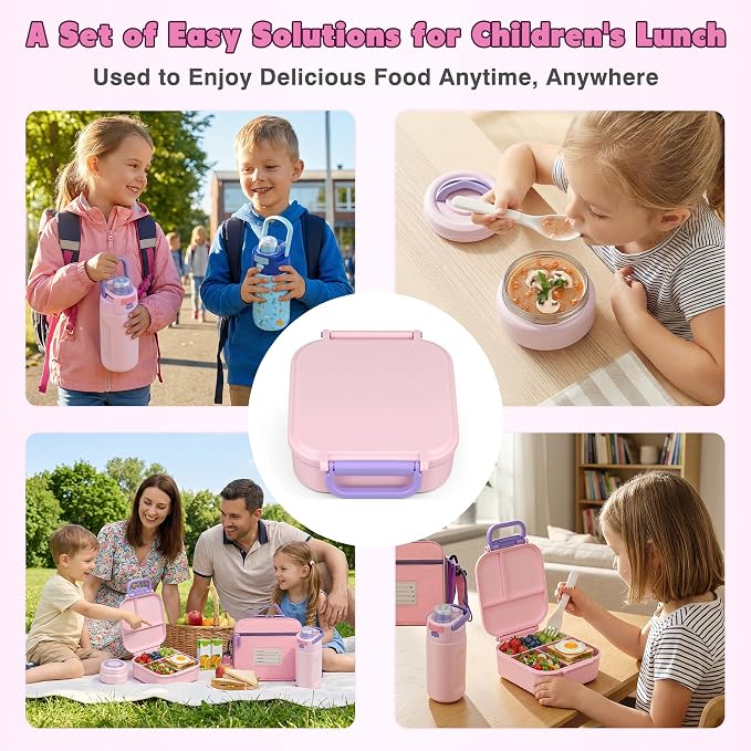 Bento Lunch Box for Kids with 7oz Soup Thermo,Insulated Stainless Steel Kids Water Bottle with Straw and Insulated Lunch Bag,Leak-Proof Lunch Food Container with Ice Pack for School(Pink)