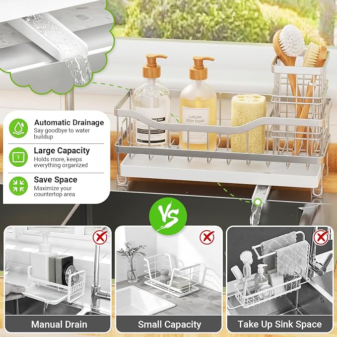 Sink Caddy, Sponge Holder for Kitchen Sink, Silver | Self-draining Sink Organizer with Removable Brush Holder , Metal Sponge Rack for Countertop, Fits Soap Dispenser & Scrubber