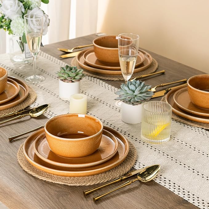 GBHOME Dinnerware Sets for 8, 24 Pieces Ceramic Plates and Bowls Set | Scratch Resistant Stoneware Dishes Set, Dishwasher & Microwave Safe, Reactive Glaze-Amber