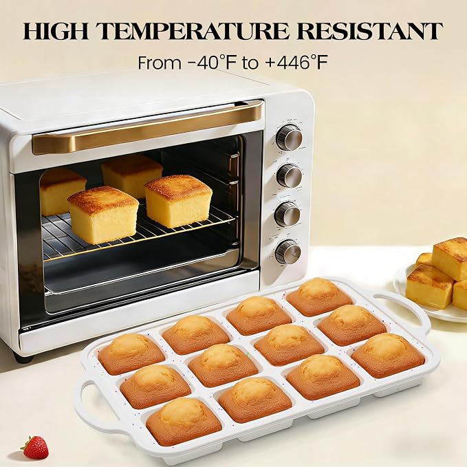 Mini Individual Square Brownie Pan with Dividers, Cream | 2 Pcs, Metal Reinforced Frame, Silicone Nonstick, 12 Cup , Muffin Cupcake Pans