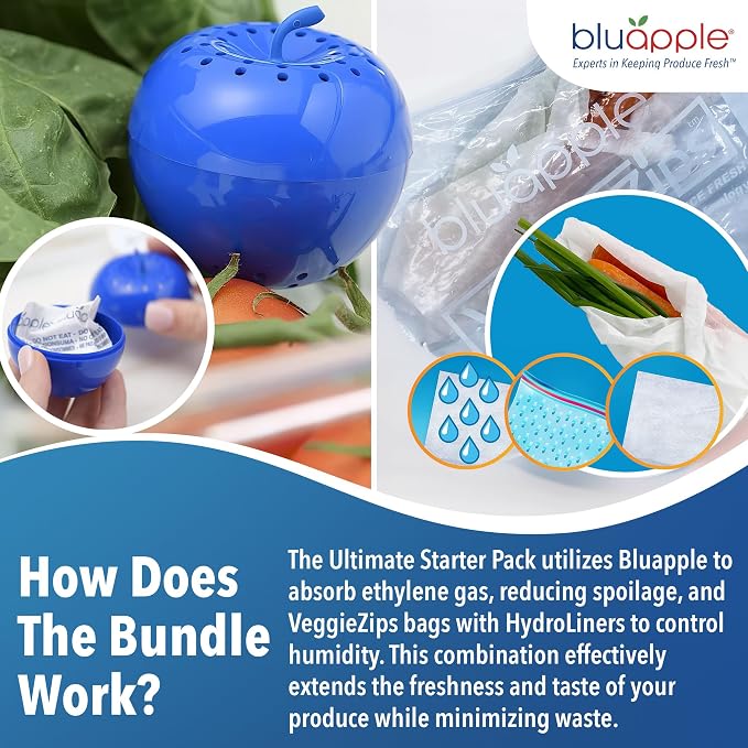 Bluapple Produce Saver Ethylene Gas Absorber - Fresh Fruit & Vegetable Storage, VeggieZips Humidity Control Storage Bags, Food Savers for Refrigerator, Kitchen Must Haves, BPA Free - Starter Pack
