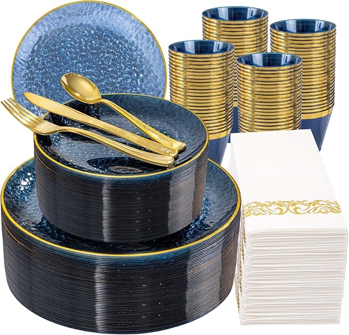 DaYammi 350PCS Blue Plastic Dinnerware Set, Plastic Plates Disposable Hammered Disposable Plates for Party, Include: 50 Dinner Plates 50 Dessert Plates 150 Gold Silverware 50 Napkins 50 Cups