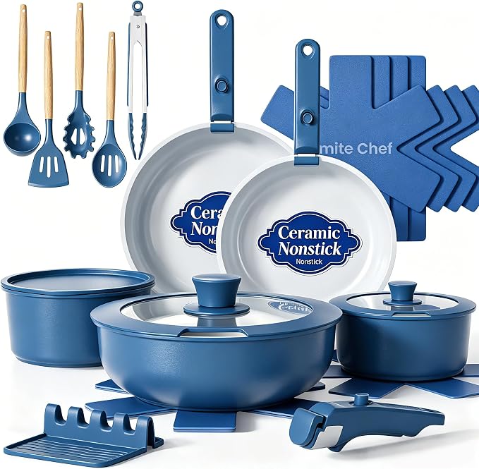 Umite Chef Pots and Pans Set Non Stick, 21 pcs Ceramic Cookware Set with Detachable Handles, Healthy Induction Cookware, RV Kitchen Cooking Set, with Utensils & Frying Pans Set, PFAS PFOA & PTFE Free