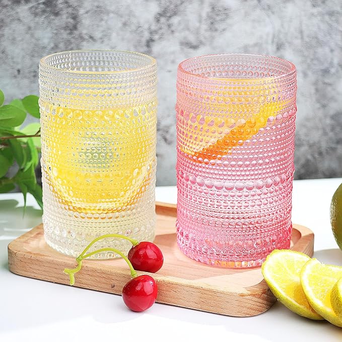 Hobnail-Drinking Glasses 13oz Vintage Glassware Sets Cocktail Juice Glasses Set of 6, Pink
