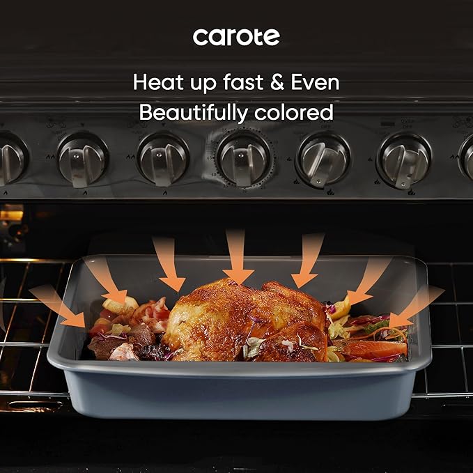 CAROTE 7-Piece Baking Pans Set, Nonstick Bakeware Sets, Gray & Blue | Cookie Sheets, Muffin, Bread, Cake, Loaf, Roasting Pan, Easy-Release, Oven Safe Up to 446°F, PFAS-Free, Stackable, Home, Gift