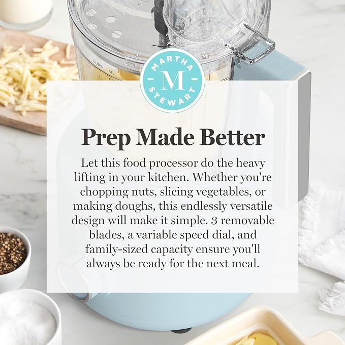 Martha Stewart 10 Cup Food Processor & Electric Chopper, One Touch Pulse | BPA-Free Bowl, 3 Multipurpose Blades, Easy Food Prep, Chop, Slice, Shred, Puree, Emulsify, Speed Dial, Wide Feed Chute, Blue