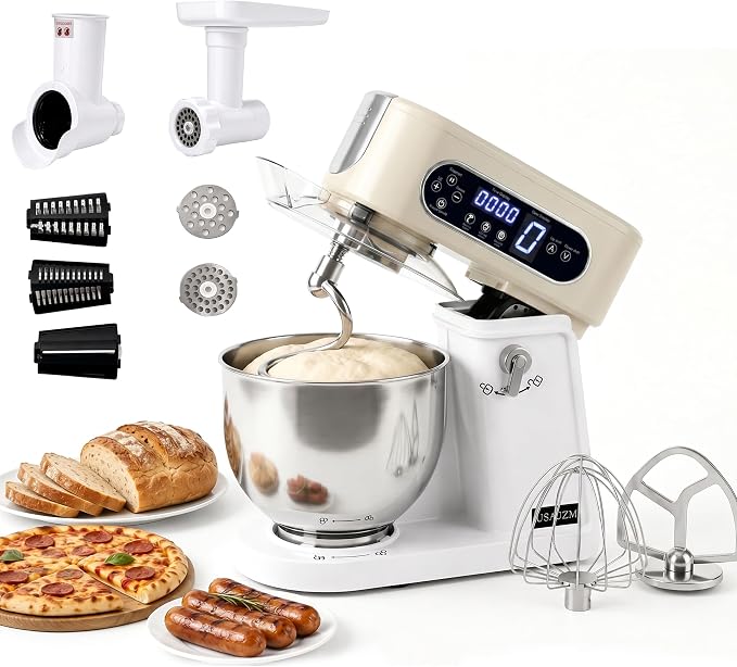 5.3 Qt 9-Speed Tilt-Head Stand Mixer, Multi-Function Electric Mixer | 3 Mixing Attachments, Meat Grinder & Vegetable Slicer, Stainless Steel Bowl, Splash Guard, Easy Clean, Almond Cream