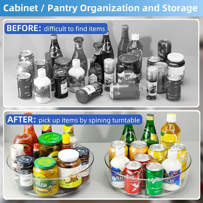 2 Pack Lazy Susan 11.5" Inch Turntable Organizer Organization Storage Container Bins Spice Rack Cabinet Rotating Condiment for Pantry Countertop Kitchen Vanity Bathroom Jewelry Holder Clear | Pantry Organizers and Storage Container Bins Spice Rack Cabi...