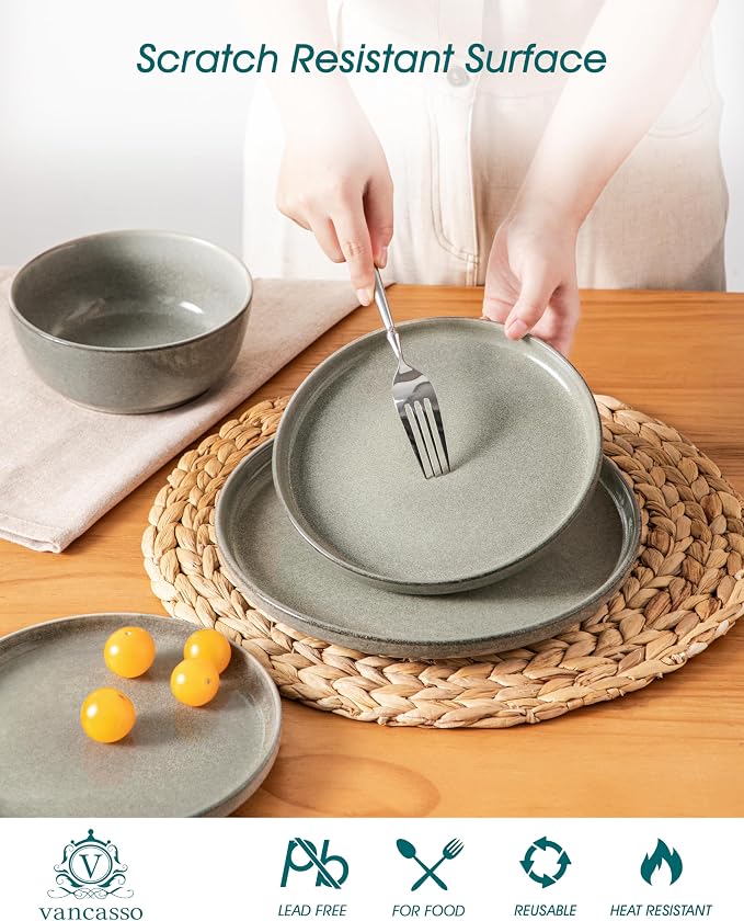 vancasso ANYA 18 Pieces Plates and Bowls Set, Stone Grey Dinnerware Sets, Reactive Glaze Dishes Set for 6, Ceramic Dishware Sets Kitchen Dinner Set, Microwave & Dishwasher Safe