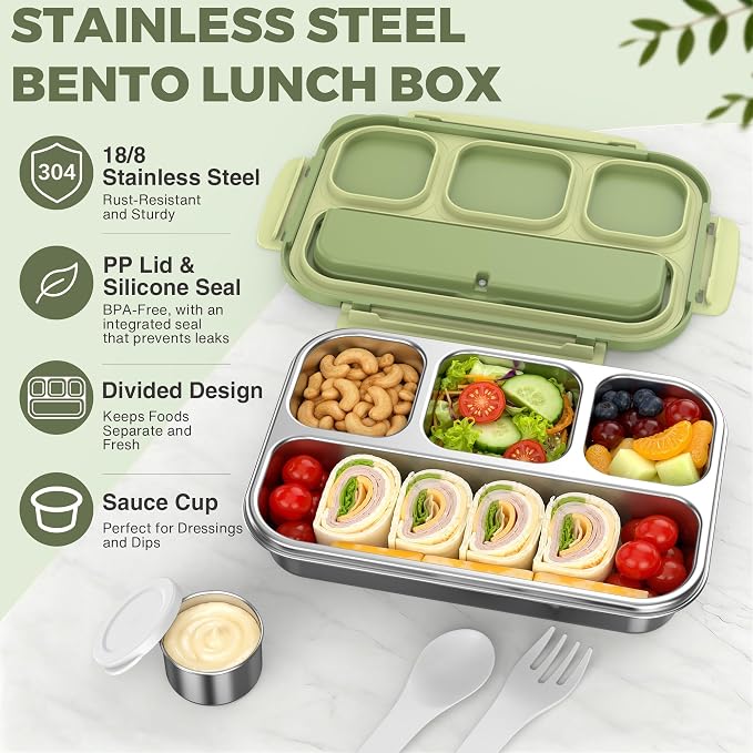 Stainless Steel Bento Box Adult Kids, Leakproof Metal Lunch Box Containers 4 Compartments, 32 Oz Reusable Food Storage Containers for Office and School, Green