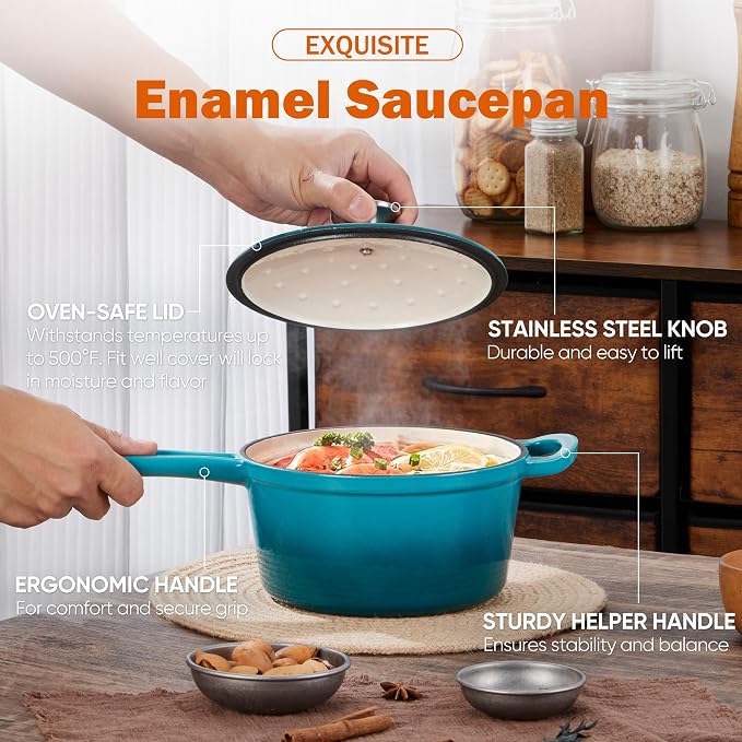 Homikit Cast Iron Sauce Pan, 2 Quart Enameled Cast Iron Saucepan with Lid for All Cooktops, Small Pot Dutch Oven for Kitchen Cooking, Boiling, Nonstick & Heavy Duty, Teal Ombre
