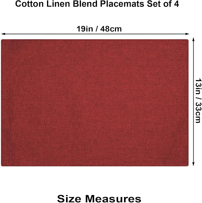 Cloth Placemats Set of 4, Cotton Linen Blend Place Mats, Red | Machine Washable, Double Layered, Heat Resistant, Fabric Dining Table Mats for Kitchen, Indoor & Outdoor, 13" x 19"