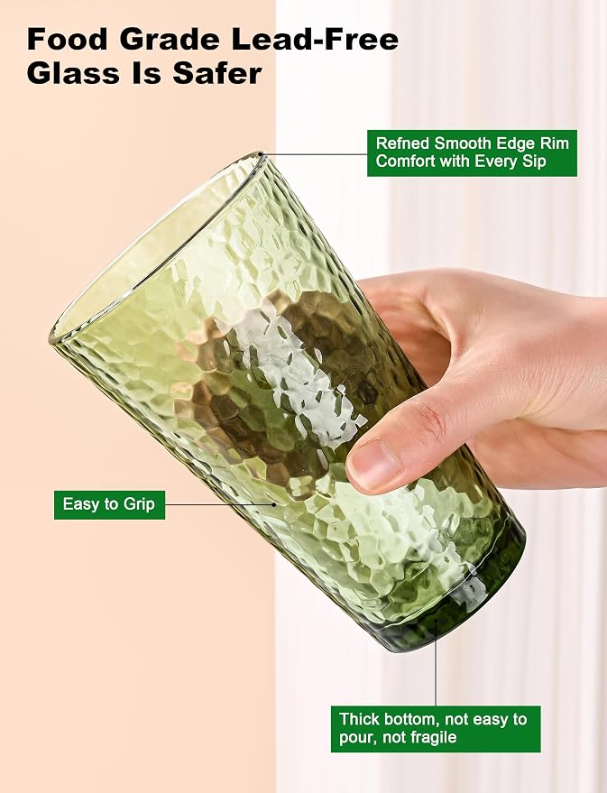 Amyoole Drinking Glasses Set of 8, 16oz Green Highball Water Glasses | Stackable Lead-Free, Clear Heavy Hammered Glass Cups,Kitchen Drinkware Glassware for Cocktail,Beer,Juice,Iced Tea,Margaritas