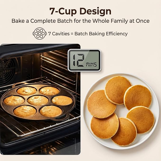 Hiceeden Cast Iron Muffin Pan, 7 Impressions Biscuit Pan with Handle, Pancake Mini Cake Pan with Spreader and Shovel for Baking Dessert, Cupcake