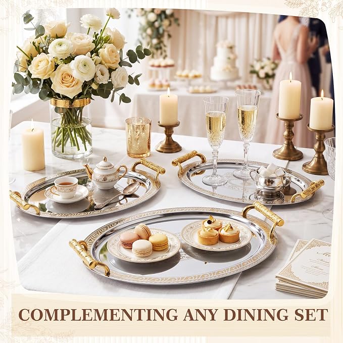 3 Pack Metal Serving Trays with Handles, Decorative Floral Platter Trays for Coffee Tea, Food, Dessert, Jewelry, for Buffet Wedding Party Kitchen Home Decor(Round,Silver, Gold)
