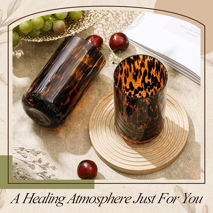 SiliFine Set of 2 Tortoise Shell Highball Glasses, 17 oz Brown Decorative Drinking Glasses, Hand Blown Leopard Print Glassware for Home Decor, Cocktail Party, Housewarming, Wedding Gifts
