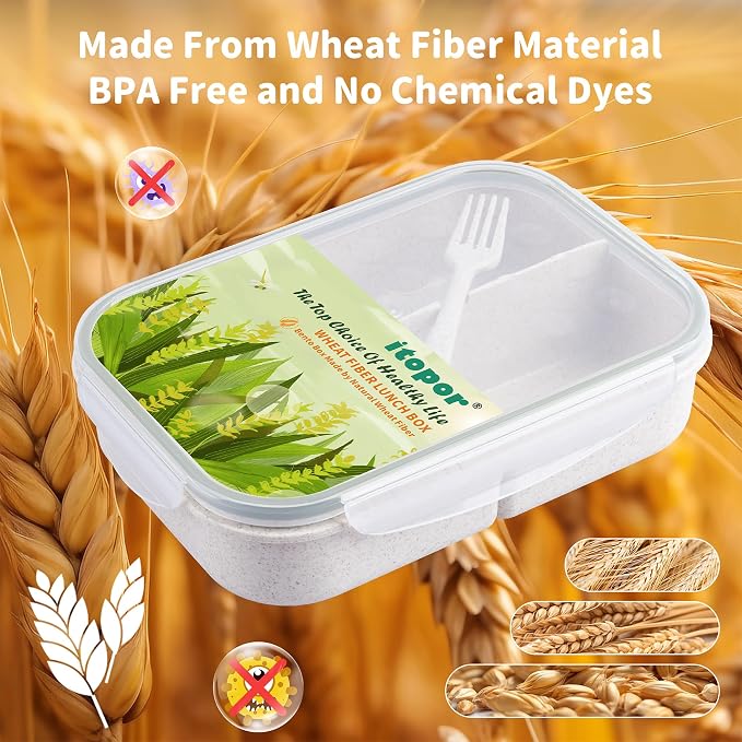 Itopor Bento Box for Kids & Adults, Lunch Box 46 oz / 1400ml, White | Wheat straw material, BPA-free, leakproof, 3 compartments, microwave & dishwasher safe, for school, office & travel