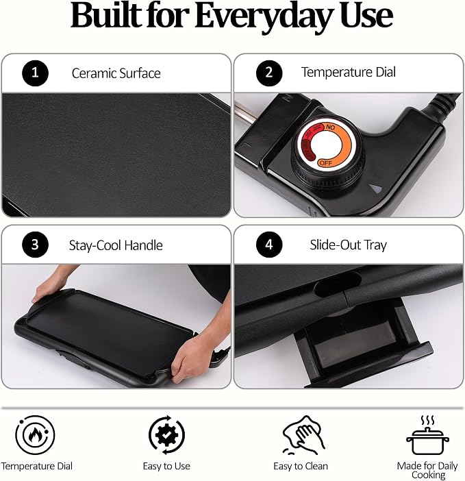 20" Electric Griddle, Ceramic Non-Stick Baking Pan Attemperation Griddle, 1400W Family-Sized Electric Skillet Extra Large Surface and Adjustable Temperature, Slide-Out Drip Tray, Black