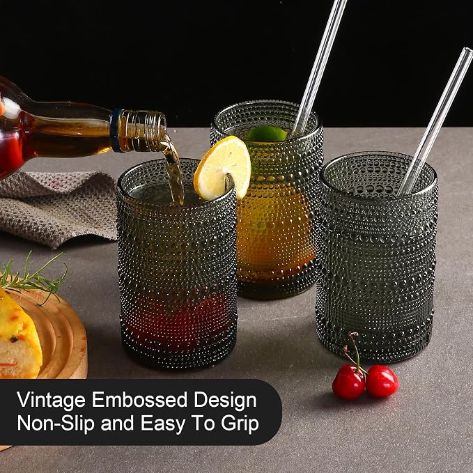 ZMOWIPDL Drinking Glasses Set of 6,15 oz Grey Hobnail Glass Cups | Vintage Glassware，Embossed Water Tumbler,for Beer,Cocktail,Whiskey,Juice and Various Mixed Drinks- 1 Cleaning Brush