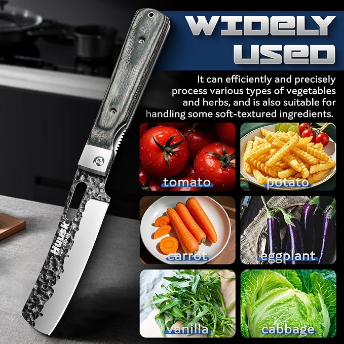 Huusk Folding Chef Knife Set - Japanese Pocket Knife Set | Including Nakiri, Santoku, Bread and Fruit Knives, Hand Forged Blade, Wooden Handle, Gift Box