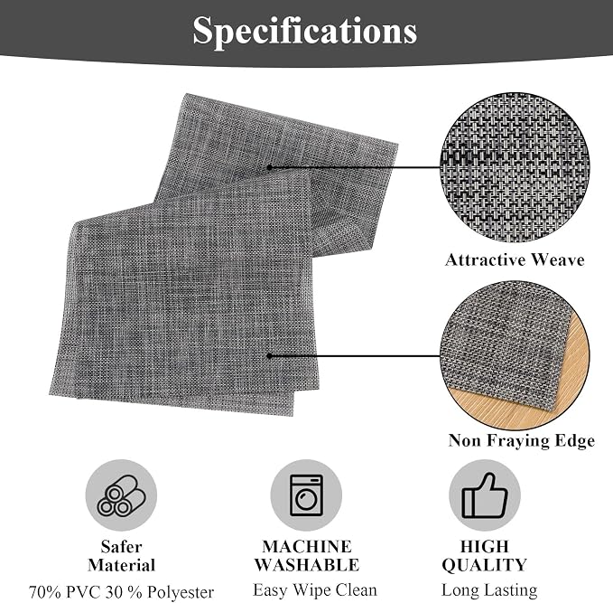 SHACOS Woven Vinyl Table Runners 12 x 54 inch Wipeable PVC Weave Table Runner Heat Resistant Runner for Dining Table Indoor Outdoor, Dark Gray