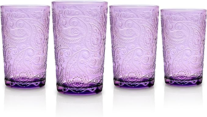 Godinger Highball Drinking Glasses, Tall Glass Cups Cocktail Glasses, Water Glasses, Romantic Design - Paisley Collection, Lavender, Set of 4