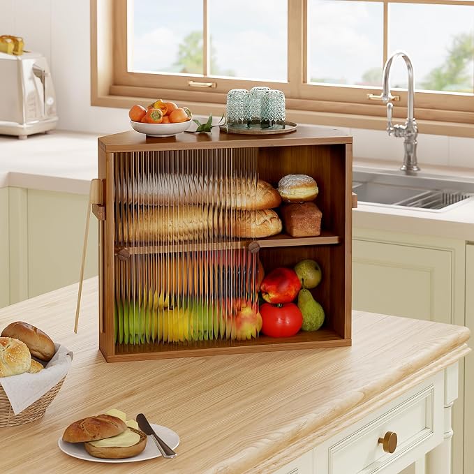 Corner Bread Box with Sliding Acrylic Doors, Double Layer Bread Bin | Bread Box for Kitchen Countertop, Bamboo Bread Storage Container, Large Capacity Vintage Farmhouse, Caramel, Meduim