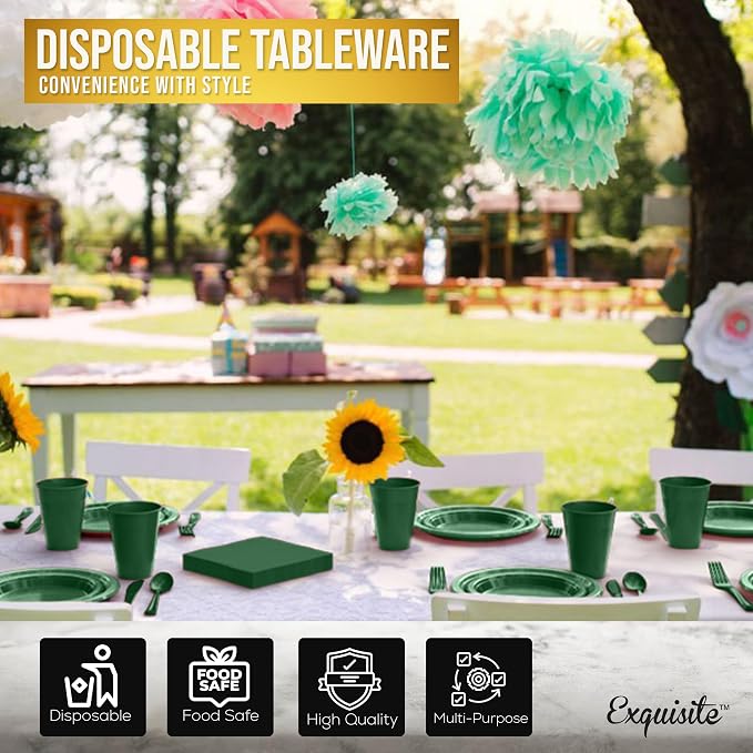 350 Pcs Emerald Green Plastic Plates For Party, Emerald Green Disposable Plates Set, 50 Of Each 9" Dinner Plate Set, 7" Dessert Plate, Cups, Napkins & Cutlery Plastic Dinnerware Set Exquisite