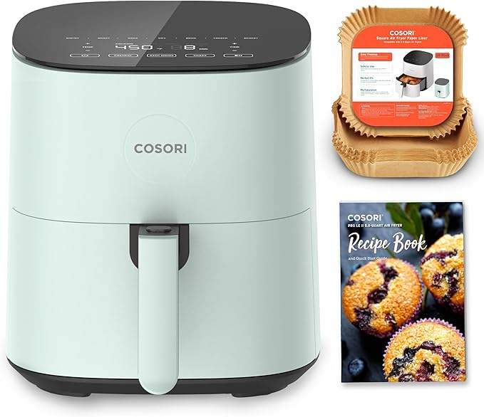 Cosori Air Fryer Pro LE 5 Qt with 20PCS Paper Liners, 9 Functions, Green | 9-in-1, Air Fry, Roast, Bake, Dehydrate, Broil, Frozen, Reheat, Max 450°F, Shake Reminder, Ceramic coating, dishwasher-safe