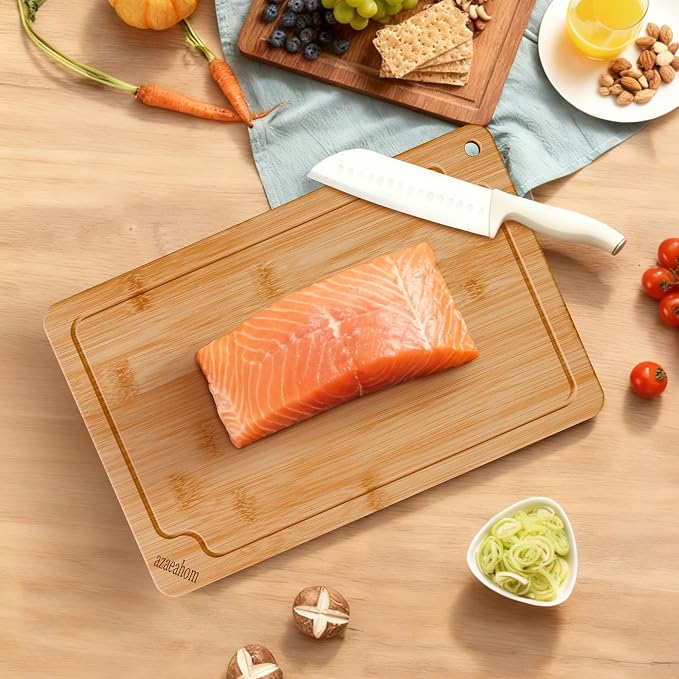 2-Piece Bamboo Cutting Board Set Serving Tray Juice GroovesHandles | Ideal for Meat Vegetables Fruit,Easy Storage & Quick Clean,Natural Wood Construction,Dual-Purpose as Serving Tray