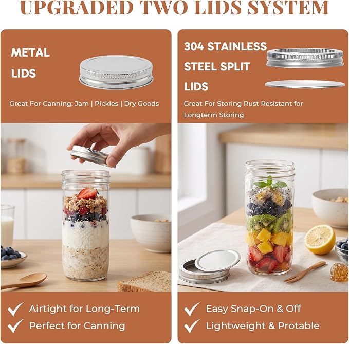 CycleMore 24oz Embossed Glass Mason Jars – Set of 4 | Vintage Style Canning Jars With One-Piece & Stainless Steel Split Lids, BPA-Free & Durable. Dishwasher Safe. Non-Slip Grip.