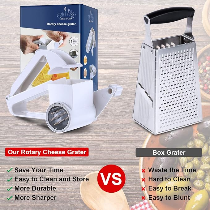 Boao Rotary Cheese Grater Manual Handheld Cheese Grater with Stainless Steel Drum for Grating Hard Chocolate Nuts Kitchen Tool(White,1 Drum)