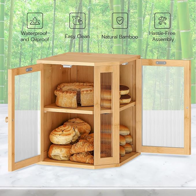 HOOBRO Bread Box, Bamboo Bread Box for Kitchen Countertop, 2-Tier Corner Bread Box, Large Capacity Bread Bin, Food Storage Box, Bread Storage Container for Kitchen, Dining Room, Natural YL12MB01