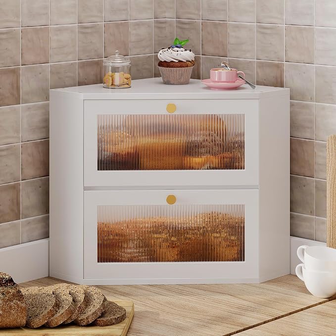 Trironsun Corner Bamboo Bread Box for Kitchen Counter Double Layer Bread Storage Container Large Capacity Bread Storage Bin with Wavy Arcylic Transparent Door (White)