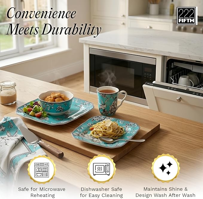 222 Fifth Adelaide Turquoise 16-Piece Porcelain Dinnerware Set | Microwave and Dishwasher Safe Dining Set for 4 | Stackable and Chip-Resistant Plates Bowls and Cups | Gift for Housewarming & Wedding