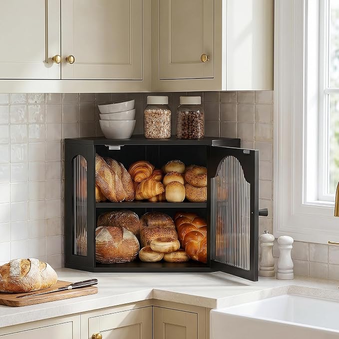 2-Tier Corner Bread Box for Kitchen Countertop with Acrylic Wavy Door Panel | Bread Storage for Homemade Bread, Large Bamboo Vintage Farmhouse Bread Bin, Cabinet Cupboard Pantry, Black, Meduim