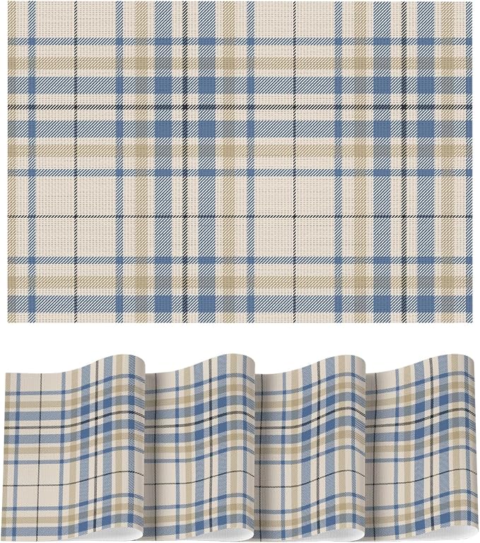 Artoid Mode Stripe Plaid Vinyl Placemats Set of 4, 12x18 Inch Washable Non-Slip Heat Resistant Plastic Place Mats for Party Dining Table, Brown/Blue
