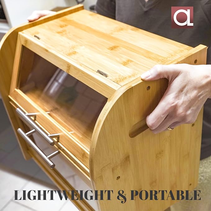Arise Bamboo Wooden Bread Box for Kitchen Countertop, Extra Large 2-Shelf | Bread Storage Container with Clear Windows & Air Vents, Bread Bin & Keeper, Keeps Bagels, Rolls & Buns Fresh, Self Assembly