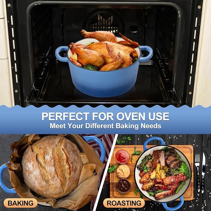 P&P CHEF 6QT Enameled Dutch Oven, Dutch Oven Pot for Bread Baking, Blue | 6 Quart Enameled Cast Iron Casserole Pot with Lid, for Roasting Braising Stewing Frying Simmering, Work on Various Stoves