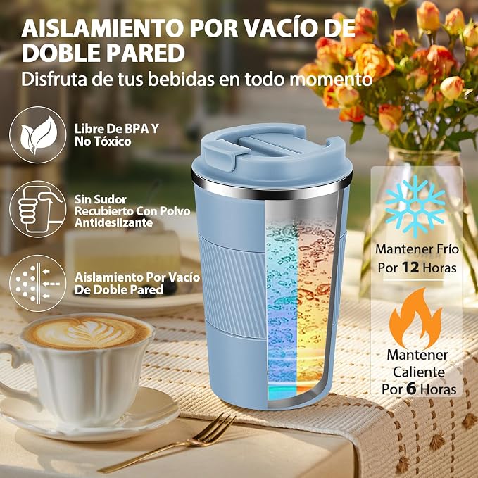 Volhoply 13 oz Stainless Steel Insulated Travel Coffee Mug with Fip Lid,Reusable Double Wall Vacuum Metal Coffee Cup,Portable to Go Leak Proof Cafe Thermal Tumbler for Hot & Cold Drinks(Fog,1)