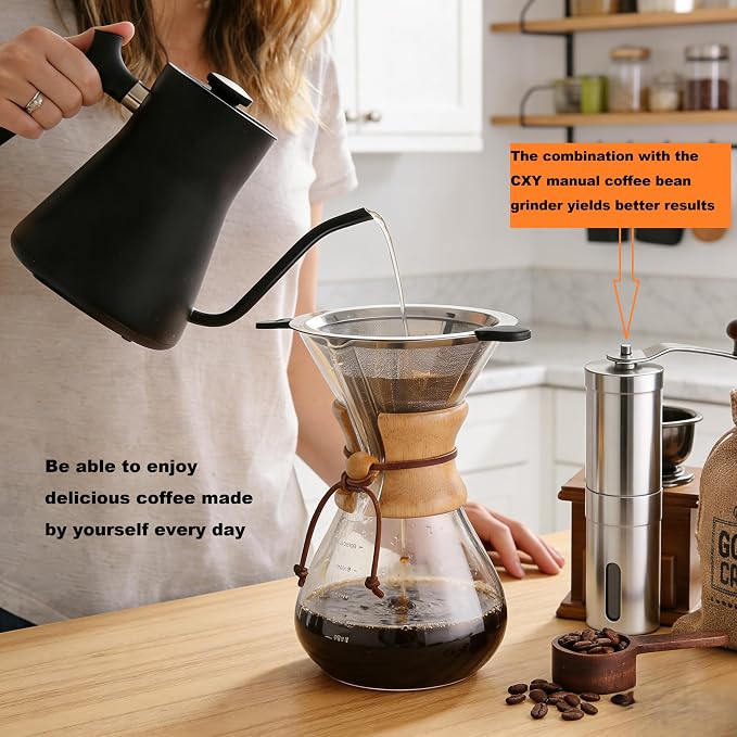 Pour Over Coffee Maker, 8 Cup Borosilicate Glass Pour Over Coffee Dripper with Reusable Stainless Steel Filter, Classic Drip Coffee Maker for Home Café, French Press Alternative