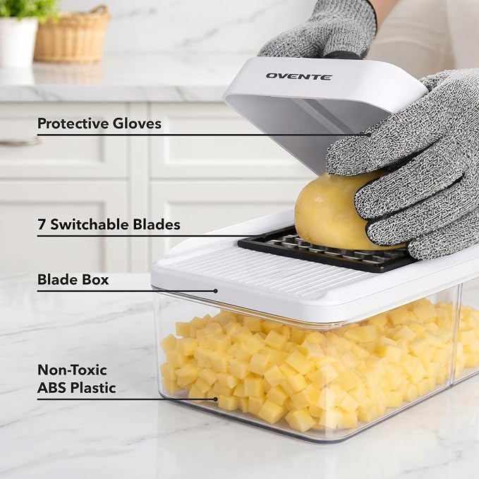 OVENTE 7-in-1 Vegetable Chopper and Mandoline Slicer, White MD71W | With 7 Interchangeable Blades and Safety Gloves, Multifunctional Kitchen Gadget for Fruit, Onion, Potato, Cucumber & More