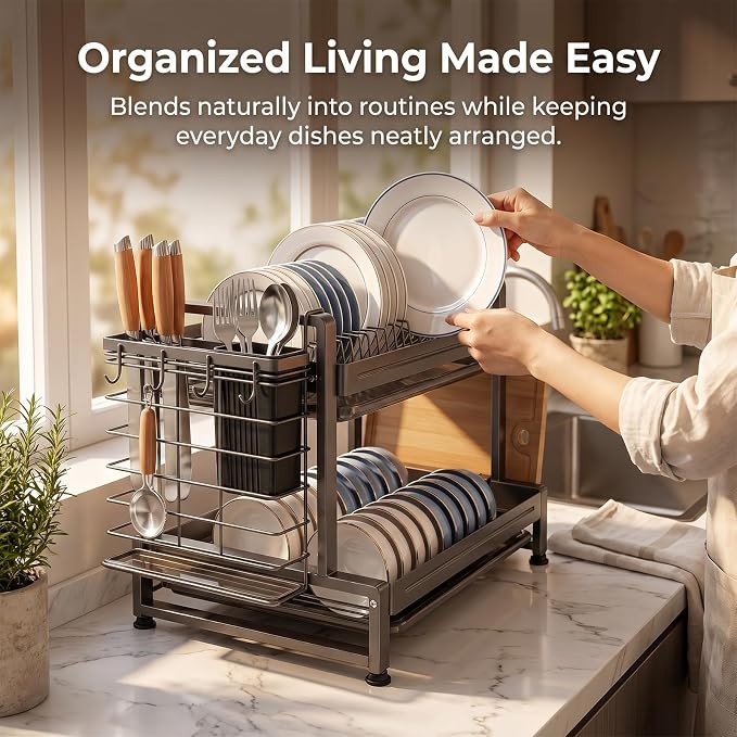 Dish Drying Rack for Kitchen Counter, Sink Storage Essentials, Home and Apartment Decor, Gray, 2-Tier Carbon Steel, Including Knife Holder, Utensil Holder, Cutting Board Stand