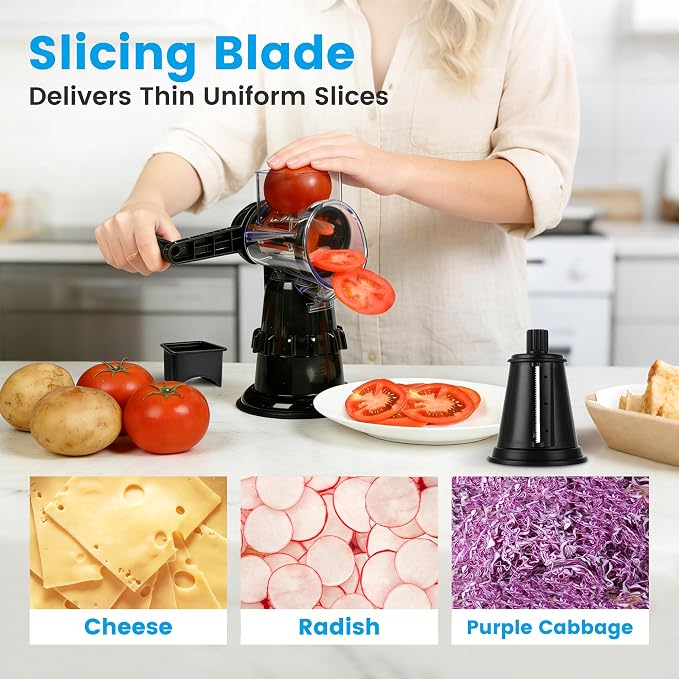 Rotary Cheese Grater Hand Crank, Vegetable Slicer with 5 Blades, Stable Suction, Labor-Saving Handle, Cheese Shredder for Potato Vegetables Nuts Chocolate, Black