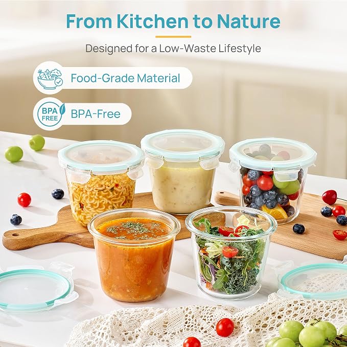 Vtopmart 5 Pack 3 Cup Glass Soup Container Set with Airtight Lids | Meal Prep Freezer Containers, Glass Food Storage Jar for Salad, Fruit, Lunch, Leftover, BPA-Free, Microwave, Dishwasher Safe