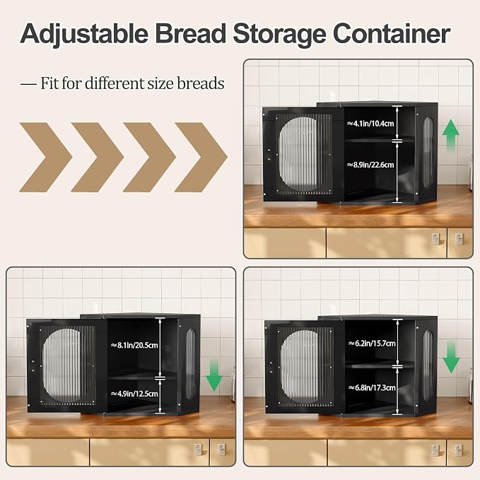 Alpeir Corner Bread Box for Kitchen Countertop, 3 Adjustable Height, Black | Solid Pine Wood, Hold 2 Loaves, Strong Acrylic Window, Easily Care, Farmhouse Pantry Container for Home Baker, Family of 4