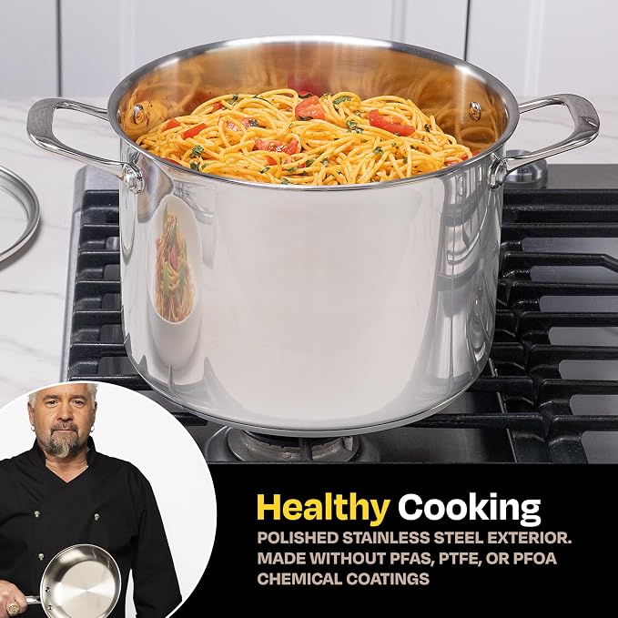 Guy Fieri's Flavortown 8-Quart Stainless Steel Stock Pot with Glass Lid | Tri-Ply Base For Even Heating. Oven And Dishwasher Safe, Compatible With Induction, Gas And Electric Cooktops