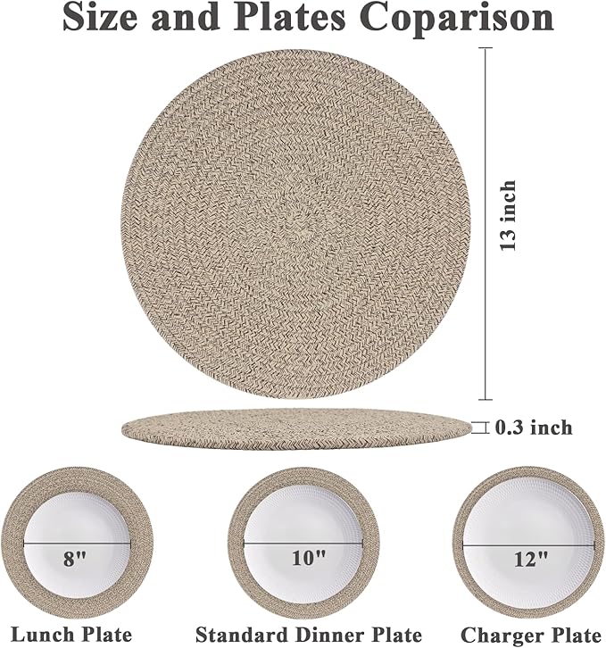 Round Placemats Set of 6, Cotton Rope Woven Table Mats, Hot Pads for Kitchen, Non Slip Heat Resistant Place Mats, 13 Inches Braided Placemat for Farmhouse Decor and Kitchen Table Decor (Brown)
