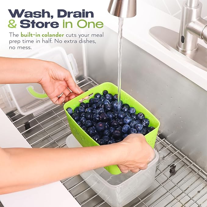Fruit Storage Containers for Fridge - Set of 4 - Airtight Lid Keeps Fresh - For Fruit & Vegetable Storage - Space-Saving Design - Ideal for Produce, Berries, Snacks - Green
